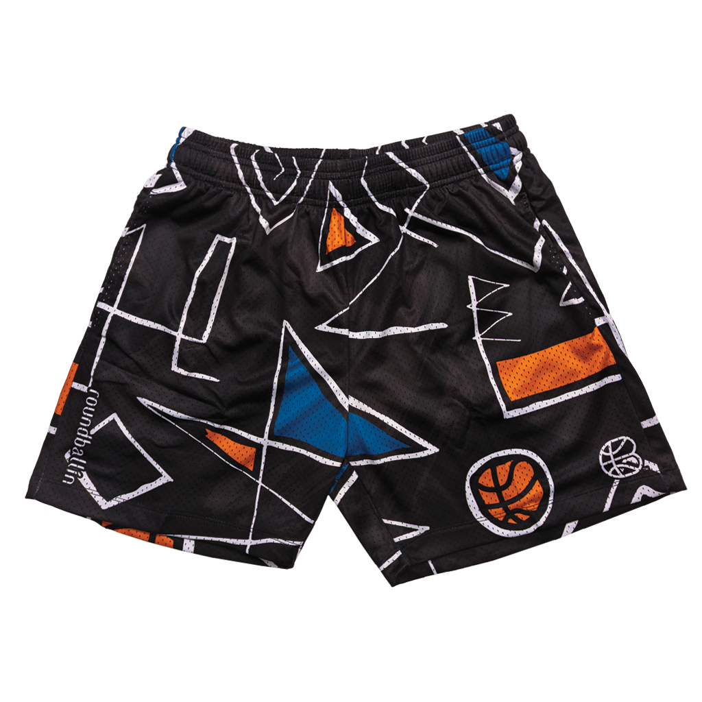 "80s Suprematism" Black Mesh Shorts