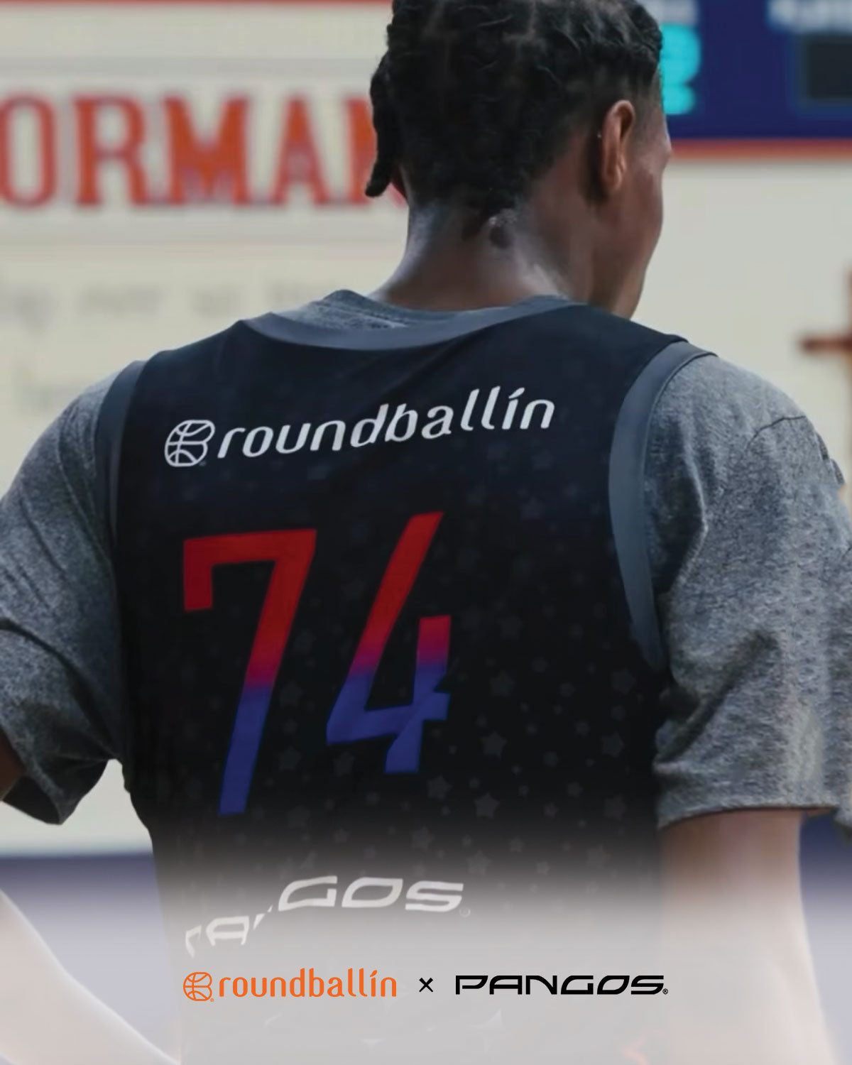 Basketball player wearing custom Roundballin apparel created for the 2026 Pangos All-American Camp.