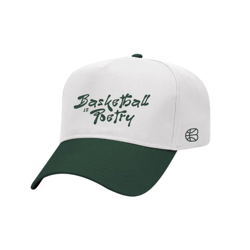 Hat - "Basketball is Poetry" White/Dark Green 5-Panel Mid Profile Snapback