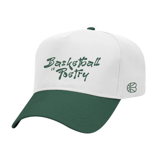 Hat - "Basketball is Poetry" White/Dark Green 5-Panel Mid Profile Snapback