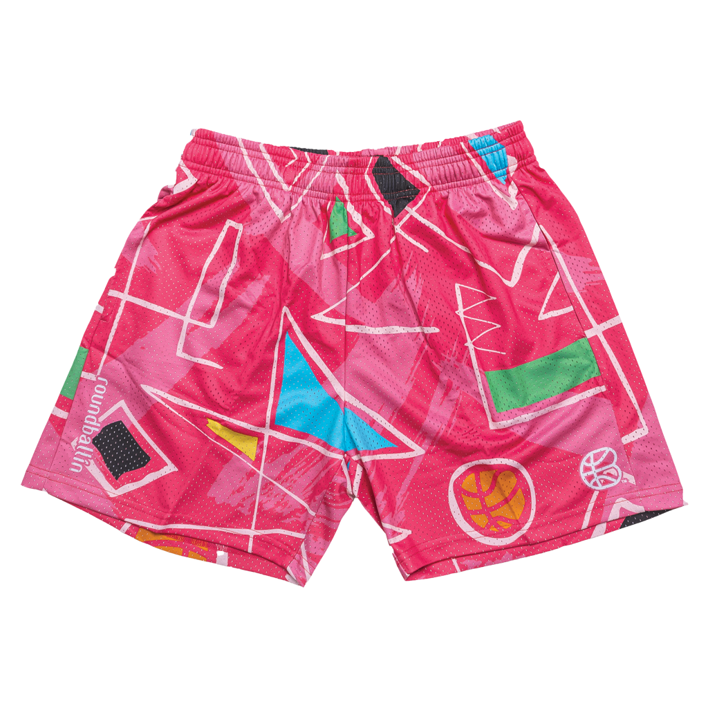 "80s Suprematism" Pink Mesh Shorts